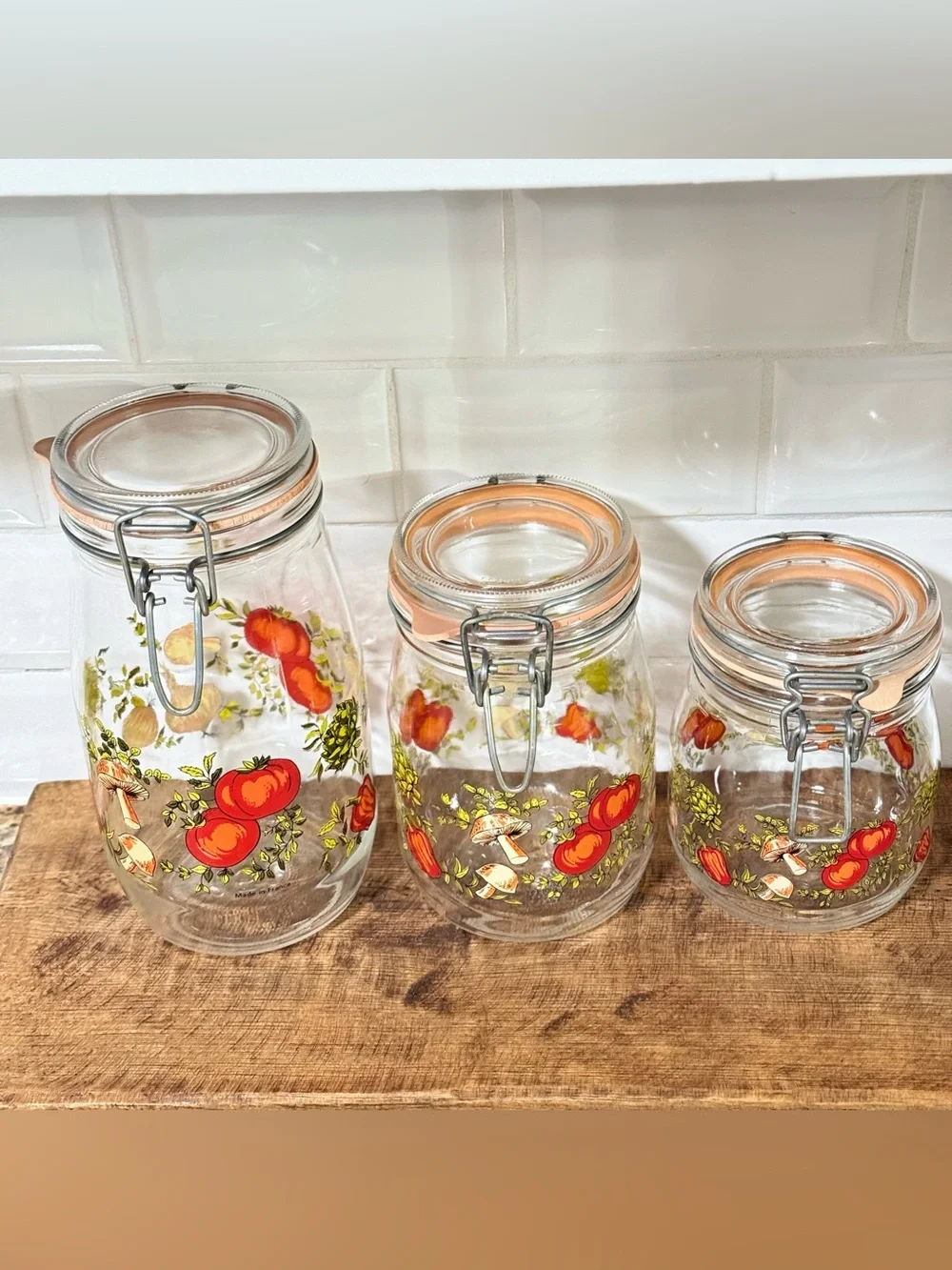 ARC France Vintage Spice Of Life Mushroom Glass Canister Jar Set Of 3 1970s MCM